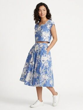 Sun Fashions Two Piece Matching Crop Top Midi Skirt Floral Cotton Blue L